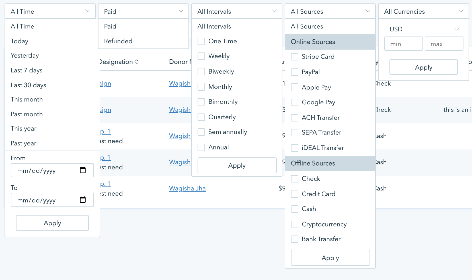 Image shows all of the various filters available to sort your donor data using Donorbox's donor management tools. 