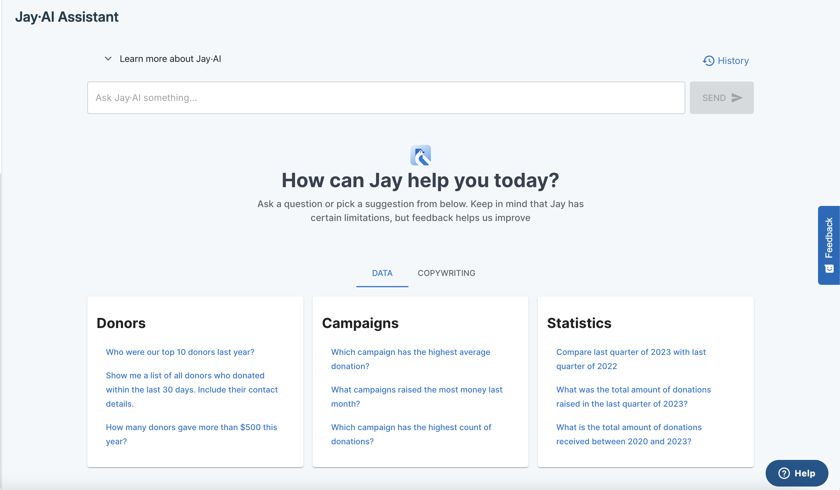 Screenshot shows Jay·AI in the main Donorbox dashboard. 