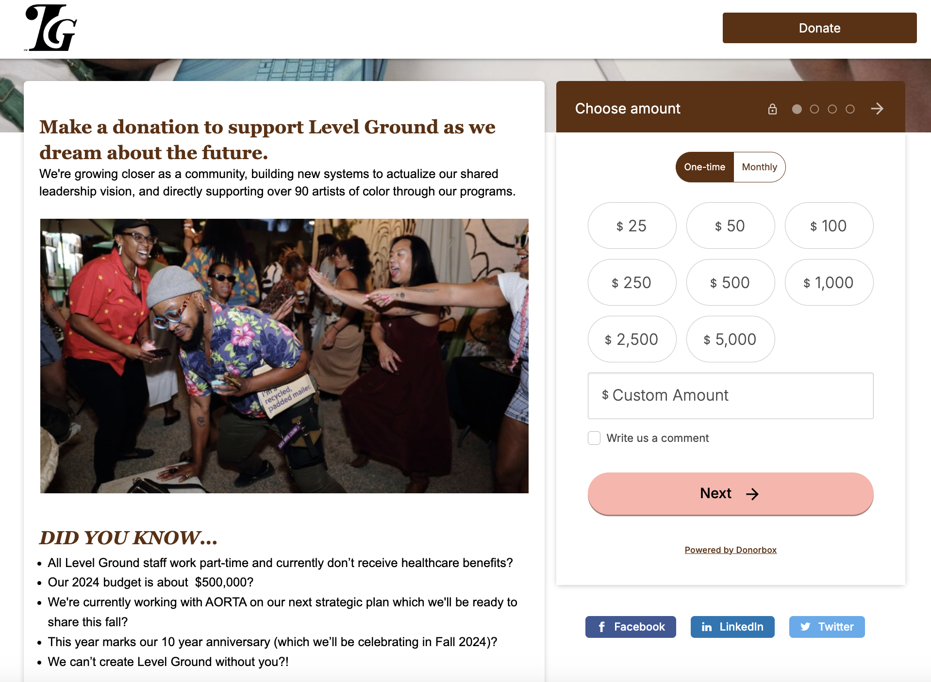 Screenshot of an organization's Donorbox donation page. 