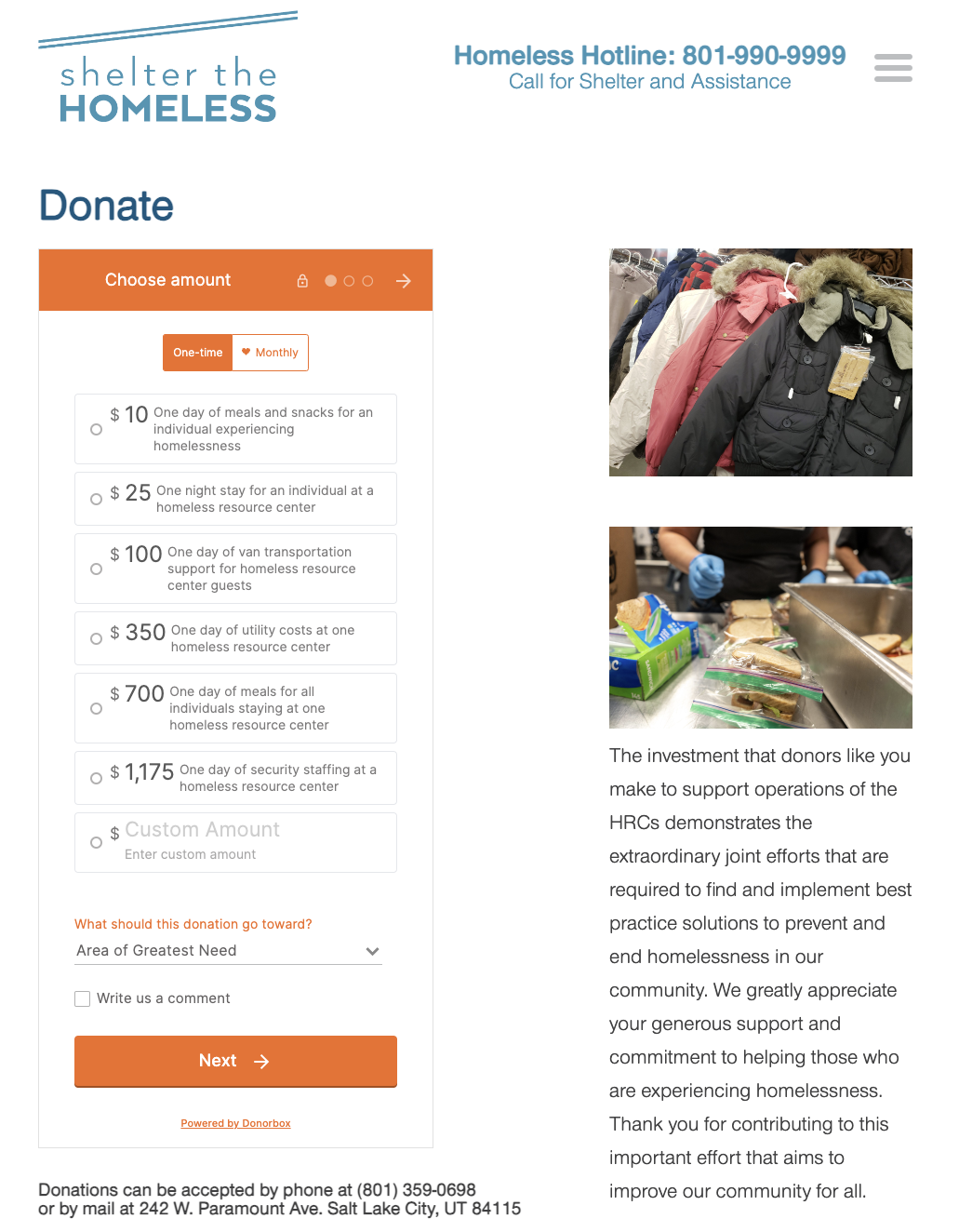 An example of one of the best homeless charities using Donorbox to collect donations. 