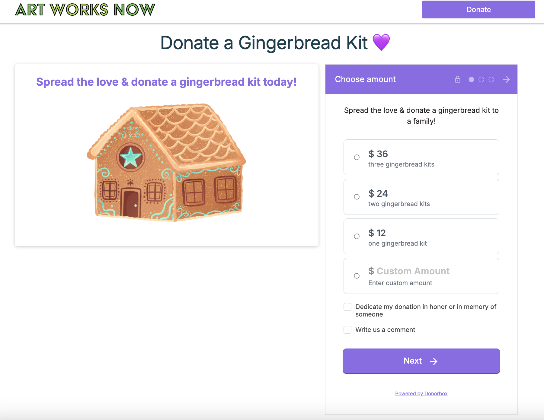 Screenshot shows a nonprofit's Donorbox donation page where they're collecting funds for gingerbread house kits. 