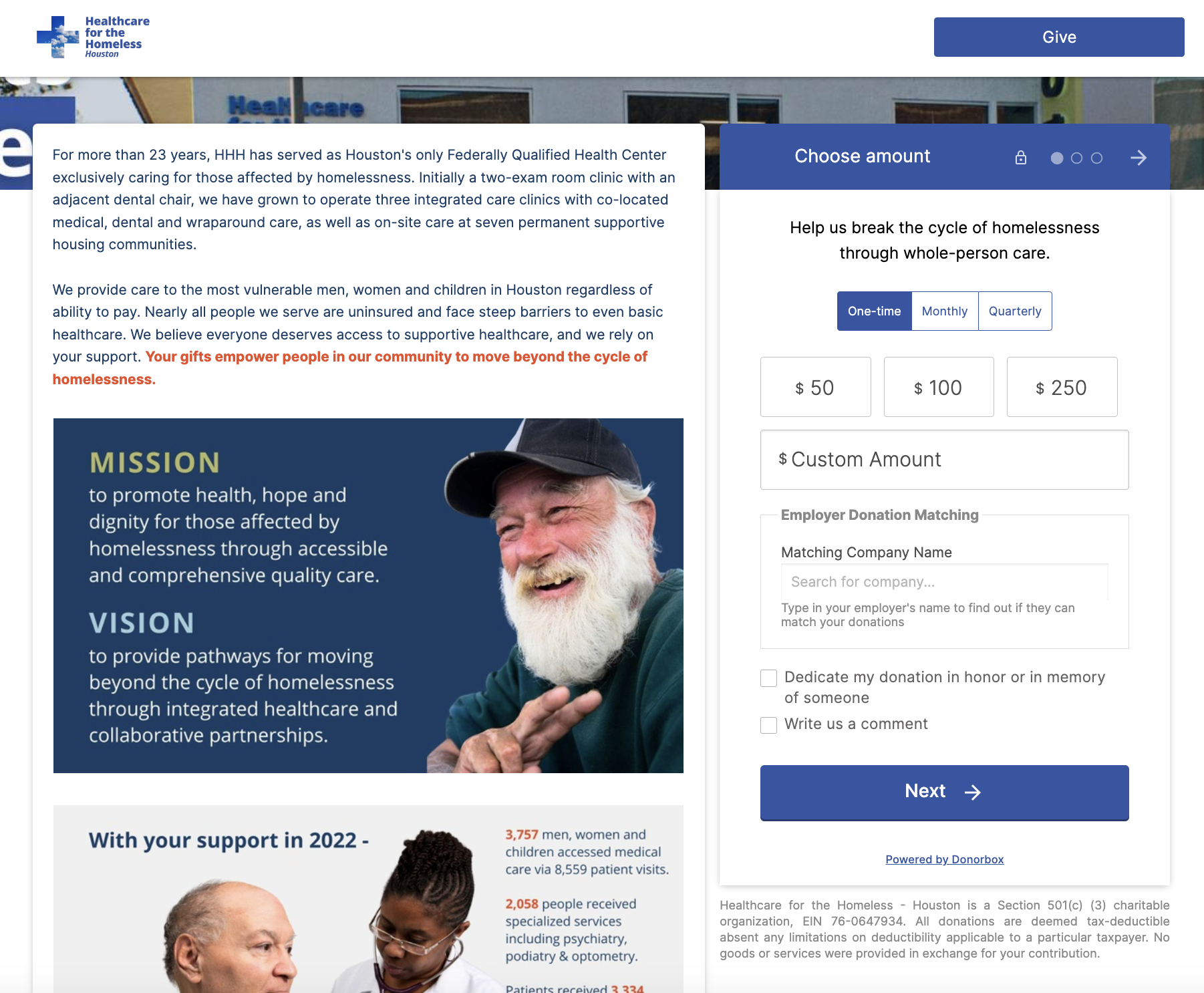 Example of a homeless charity using Donorbox to fundraise. 