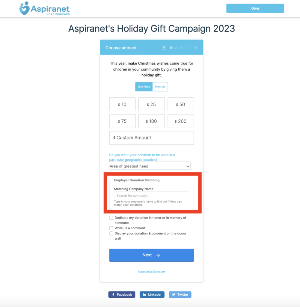 Screenshot showing the Aspiranet Holiday Gift Campaign for 2023 with a red box highlighting the portion of the donation form where donors can enter their Employer Donation Matching info.