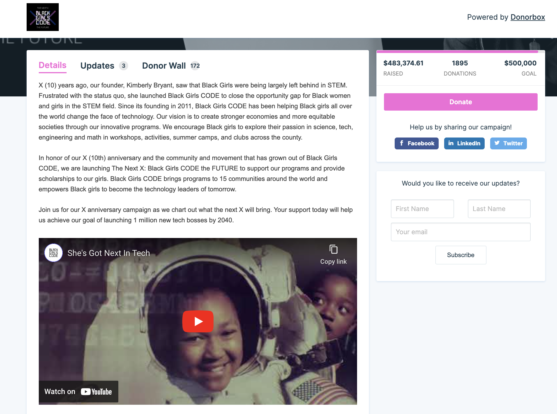 Screenshot of a Donorbox crowdfunding campaign run by Black Girls Code. 