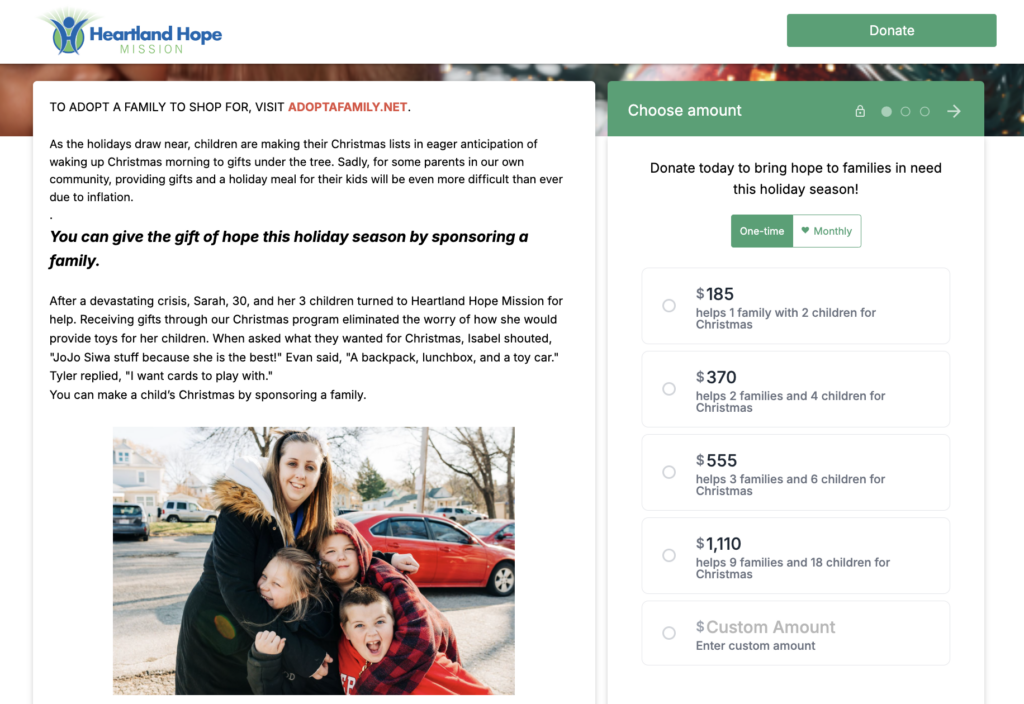 Screenshot of Heartland Hope Mission's Christmas fundraising campaign on Donorbox.