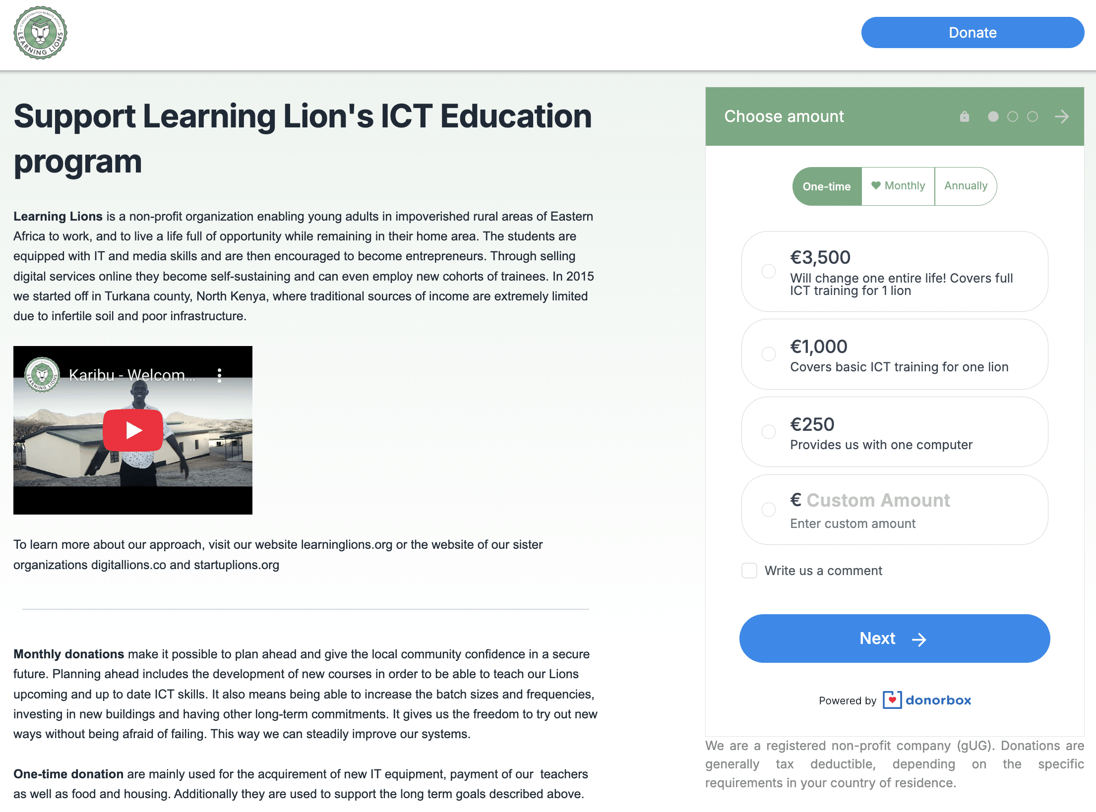 Screenshot of an organization's recurring donation form with Donorbox