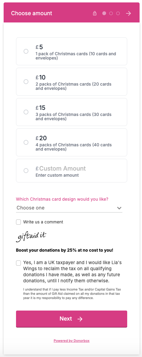 Screenshot showing Lia's Wing's Donorbox giving form, designed to sell Christmas cards as a Christmas fundraising idea