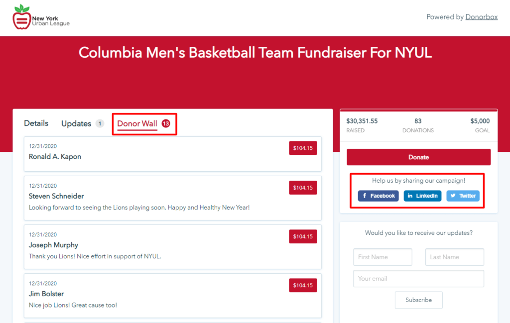 Screenshot of a Donorbox crowdfunding page created by New York Urban League. 
