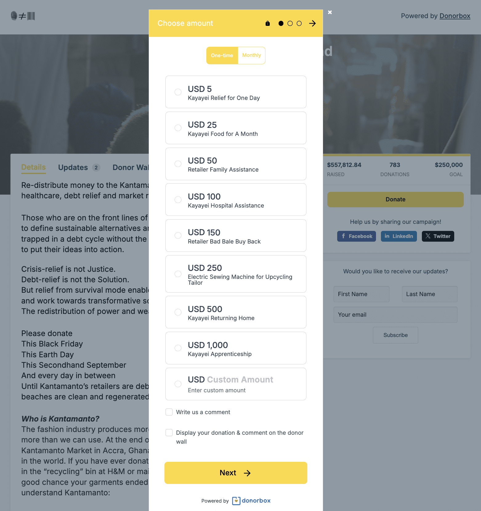Screenshot of an organization's crowdfunding campaign hosted on Donorbox