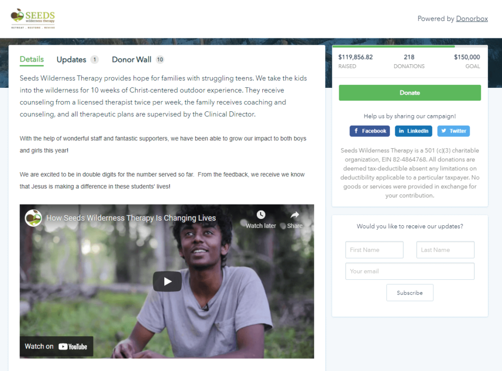 Screenshot of a Donorbox crowdfunding campaign. 
