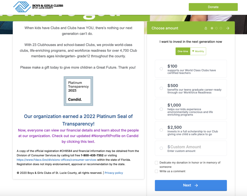 Screenshot of the not-for-profit Boys and Girls Club donation form
