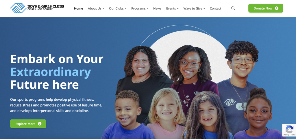 Screenshot of the Boys and Girls Club of St. Lucie County homepage as an example of a not-for-profit vs. nonprofit