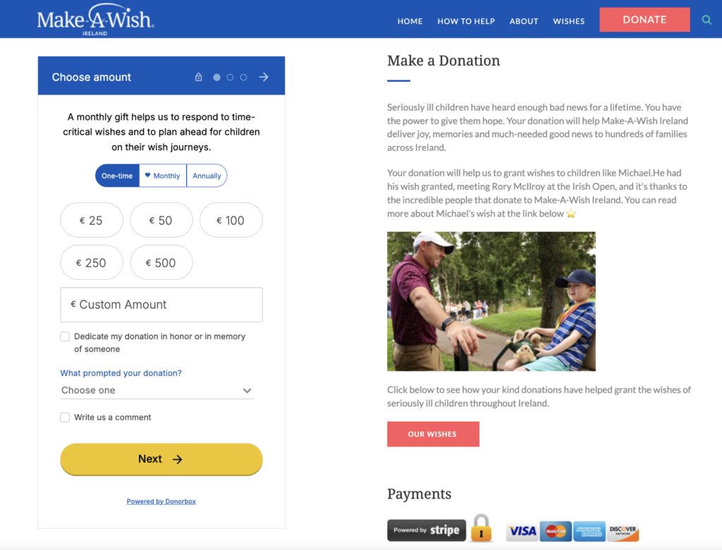 Screenshot of Make-a-Wish Ireland's Donorbox donation form as an example of a nonprofit vs. not-for-profit