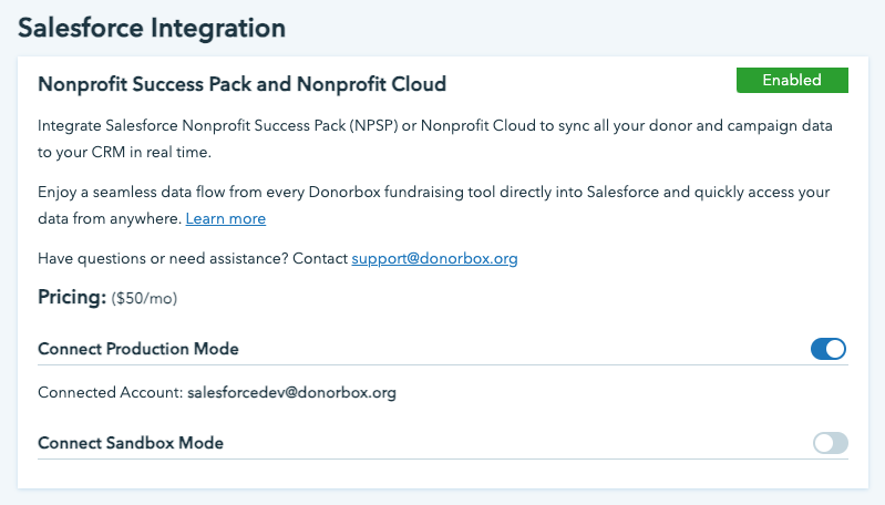 Screenshot of the Donorbox + Salesforce integration page. 