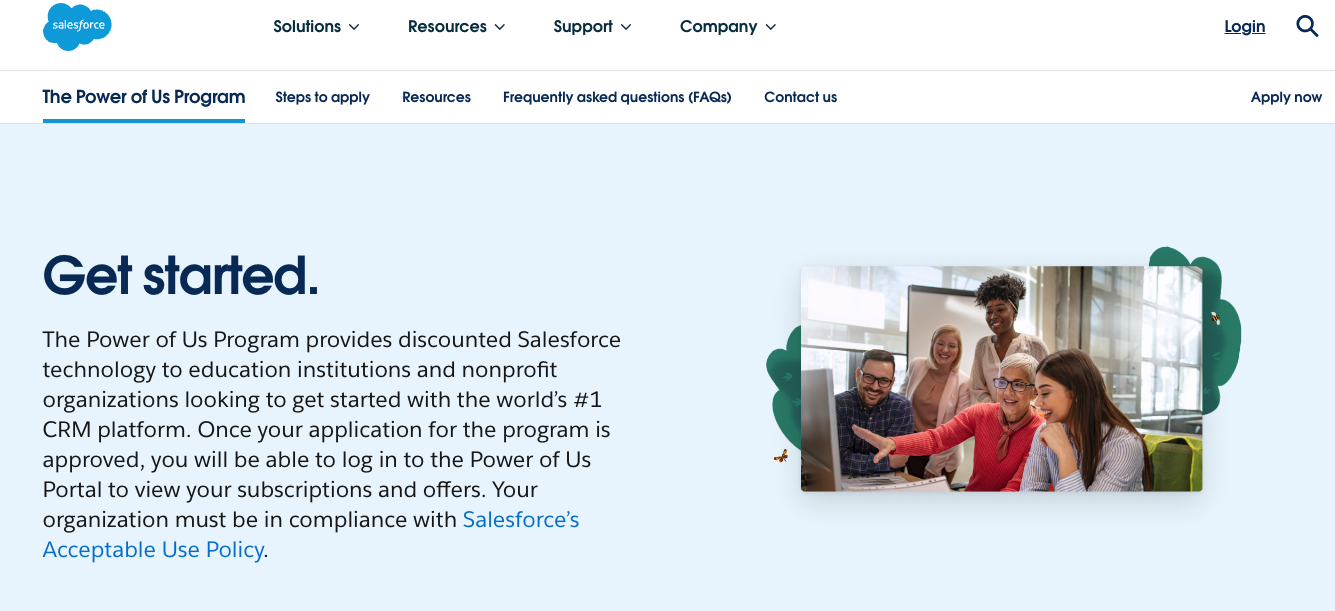 Screenshot shows the Power of Us Program landing page on Salesforce's website. 