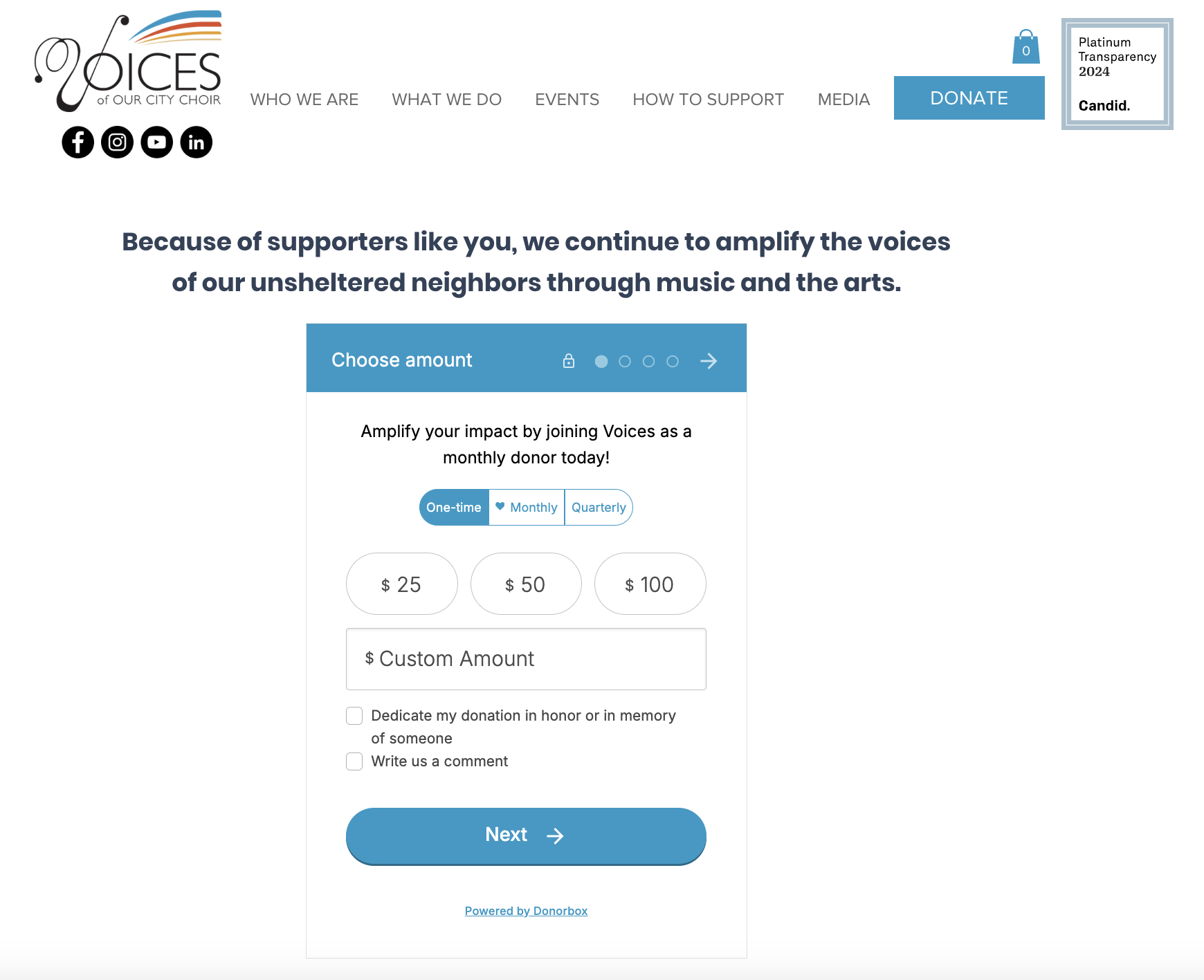 Screenshot shows the Voices of Our City donation page. 