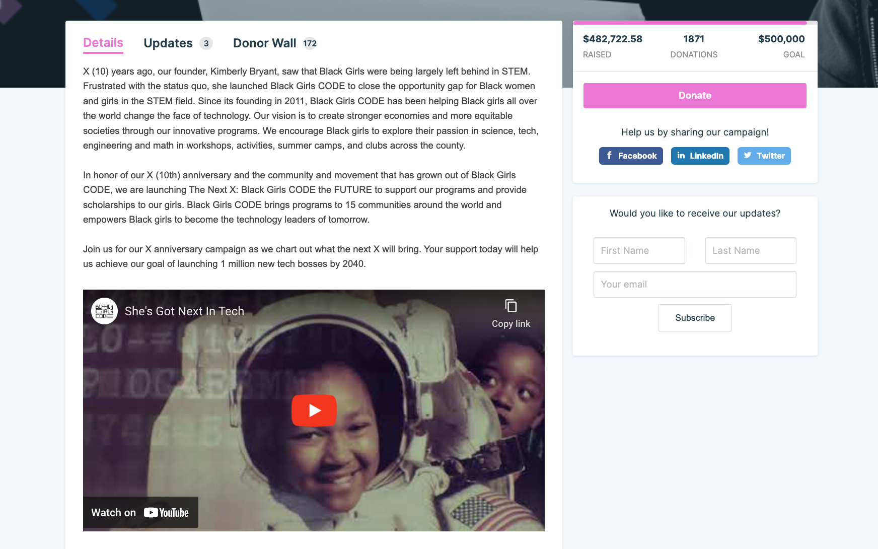 Black Girls Code example of how to design a crowdfunding page