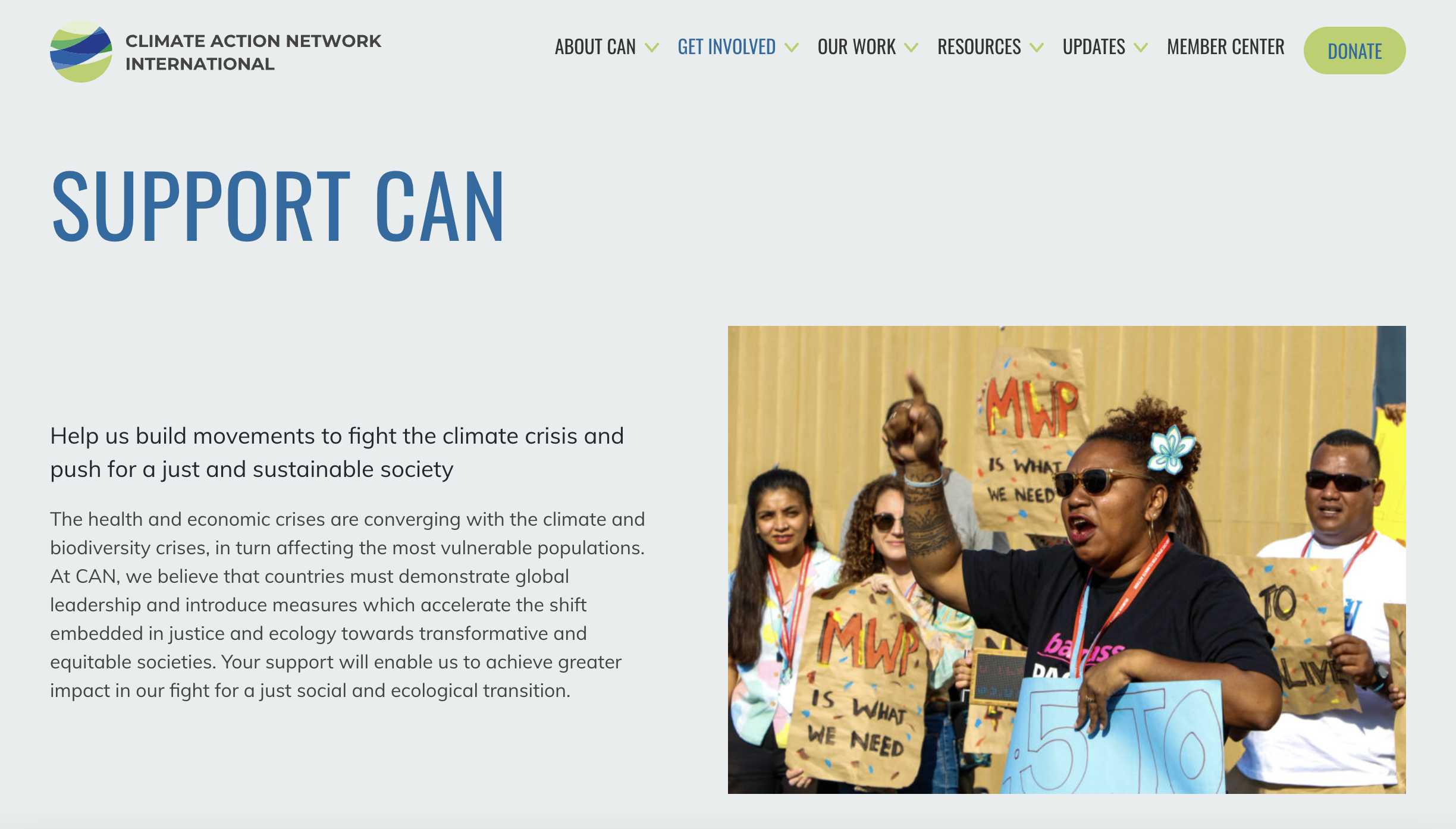 Screeshot of Climate Action Network's website. 