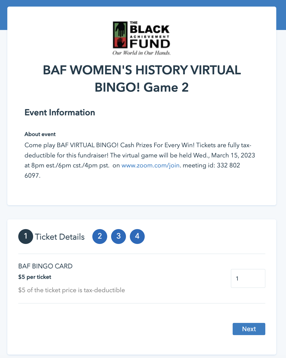 Screenshot of an organization using Donorbox Events for their Zoom bingo night. 