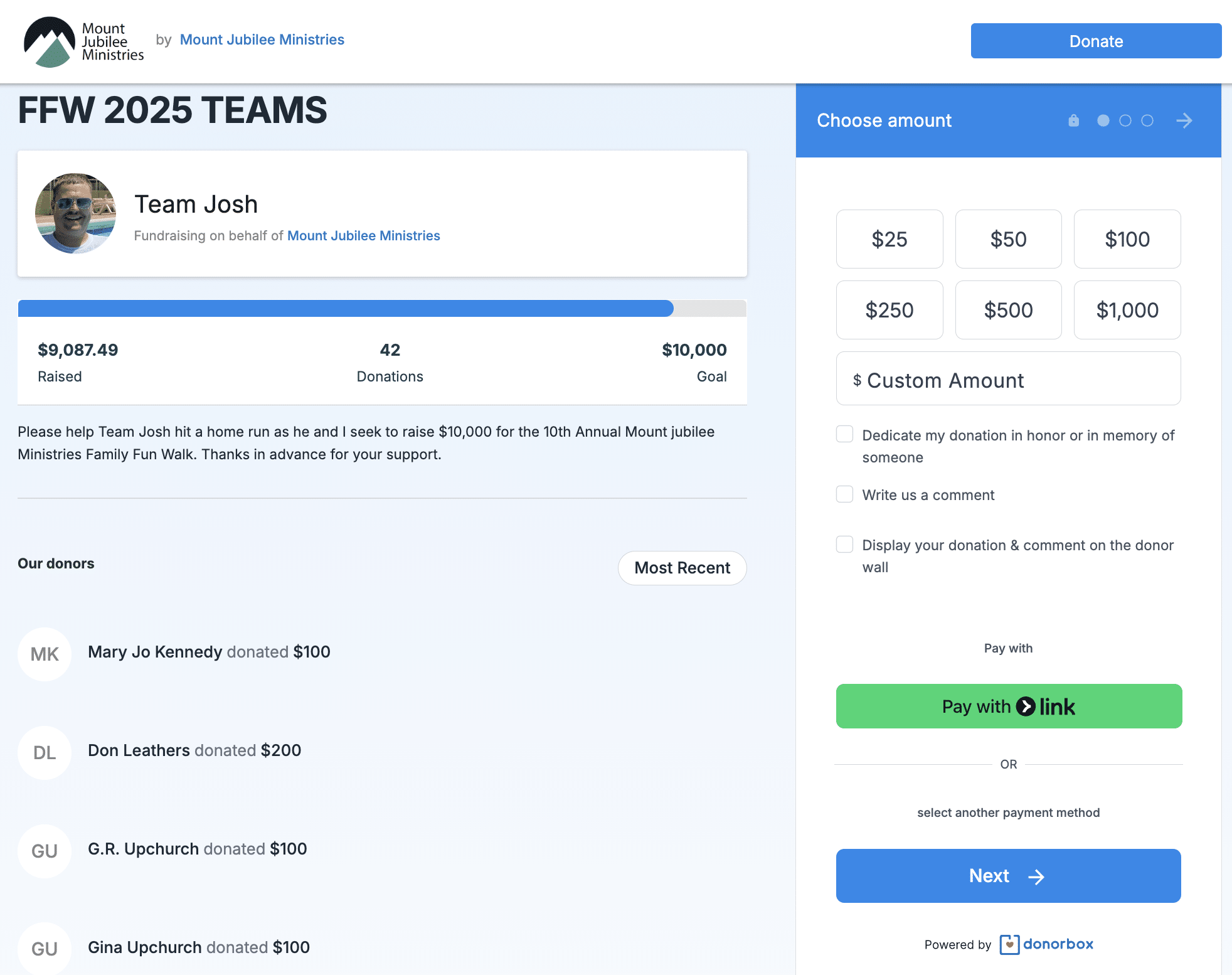 Screenshot of a peer fundraising campaign created on Donorbox