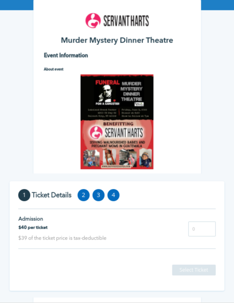 Servant Hears' Donorbox Events page for their murder mystery dinner