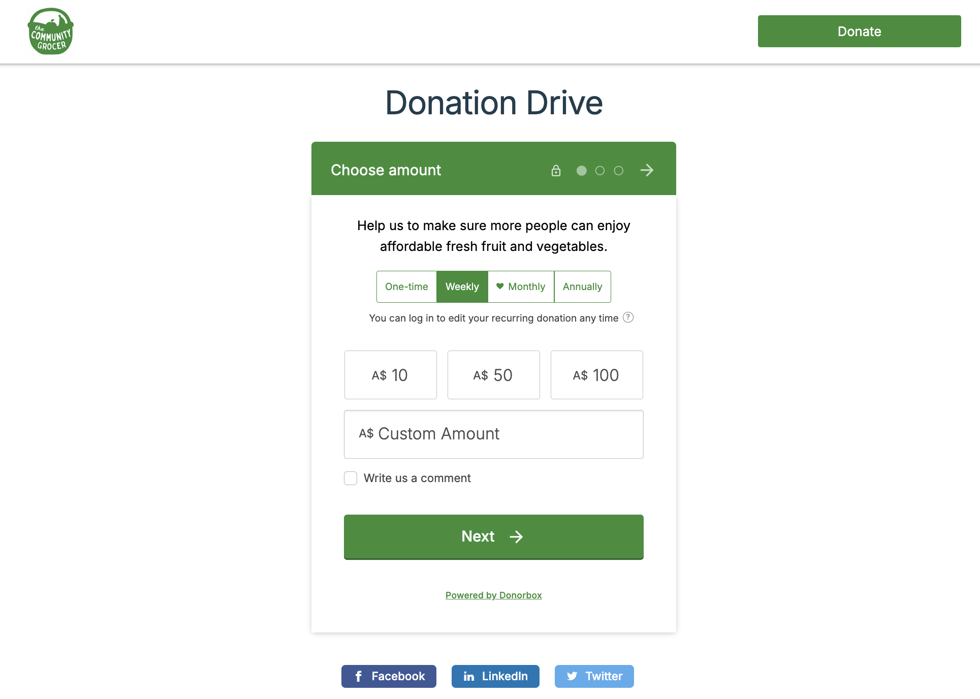 Example of someone using Donorbox to collect funds for their donation drive. 