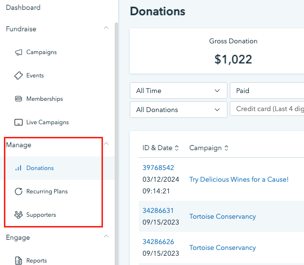 Screenshot showing where to access your data on your Donorbox account. 