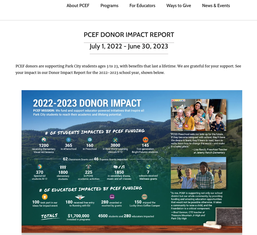 Screenshot of an organization's donor impact report on their website. 