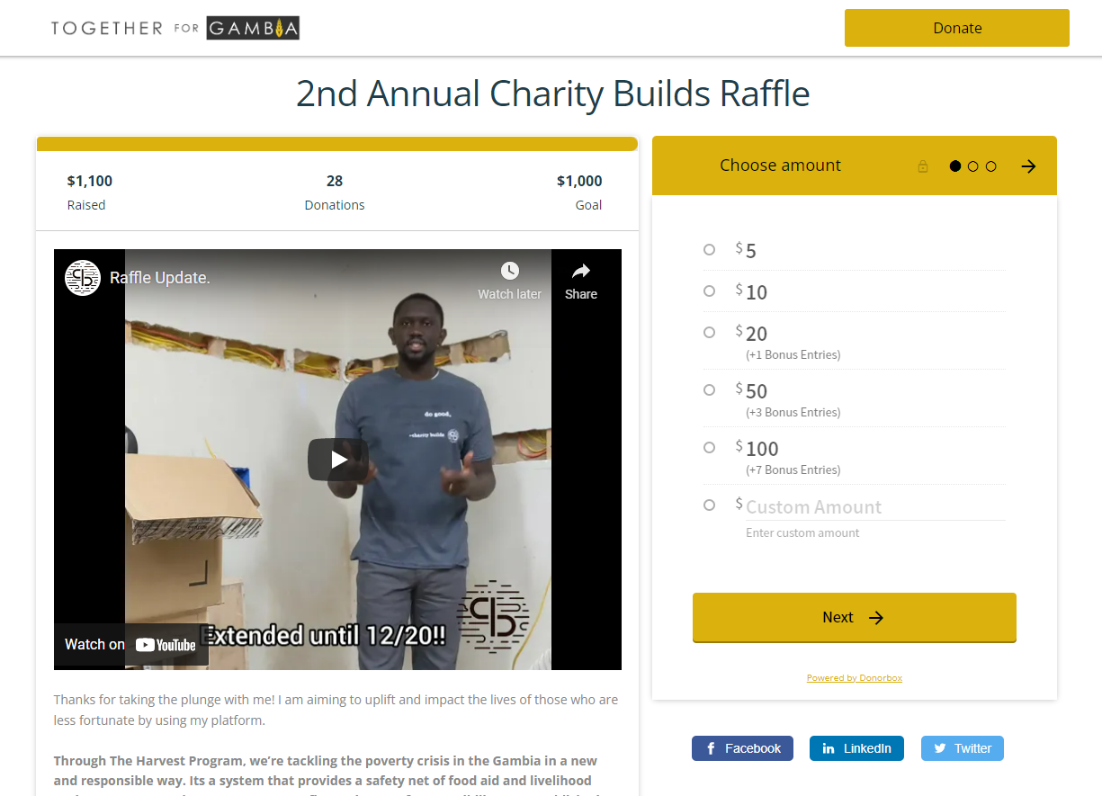 Screenshot of an organization's donation page for a virtual raffle. 