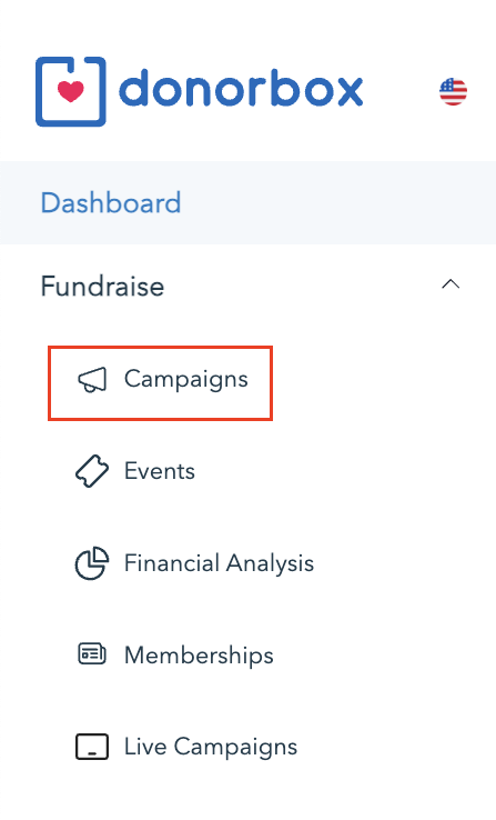 Screenshot showing where to locate the campaigns page on your Donorbox account. 