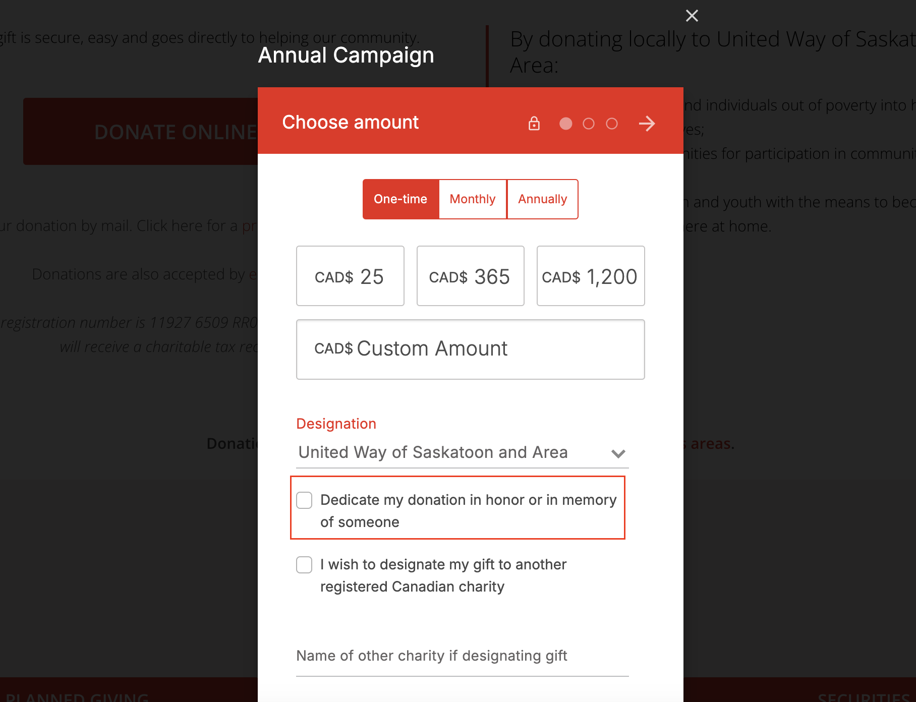 Screenshot showing an in-memory-of donation option. 