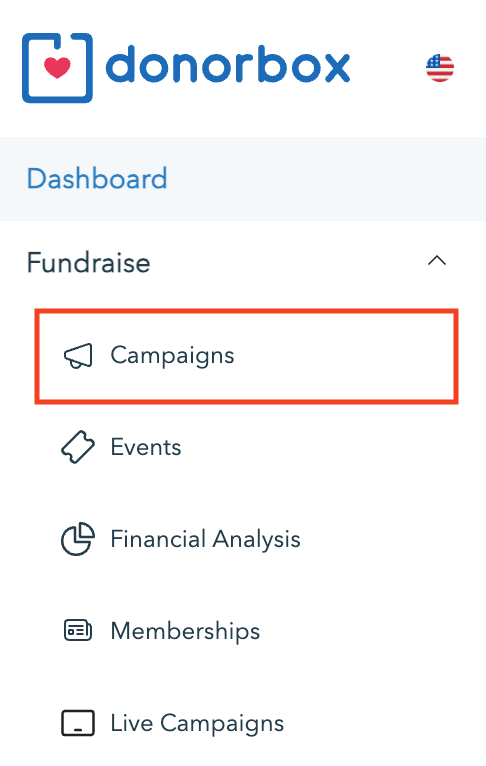 Where to find the Campaigns page in the Donorbox Org Account (screenshot)