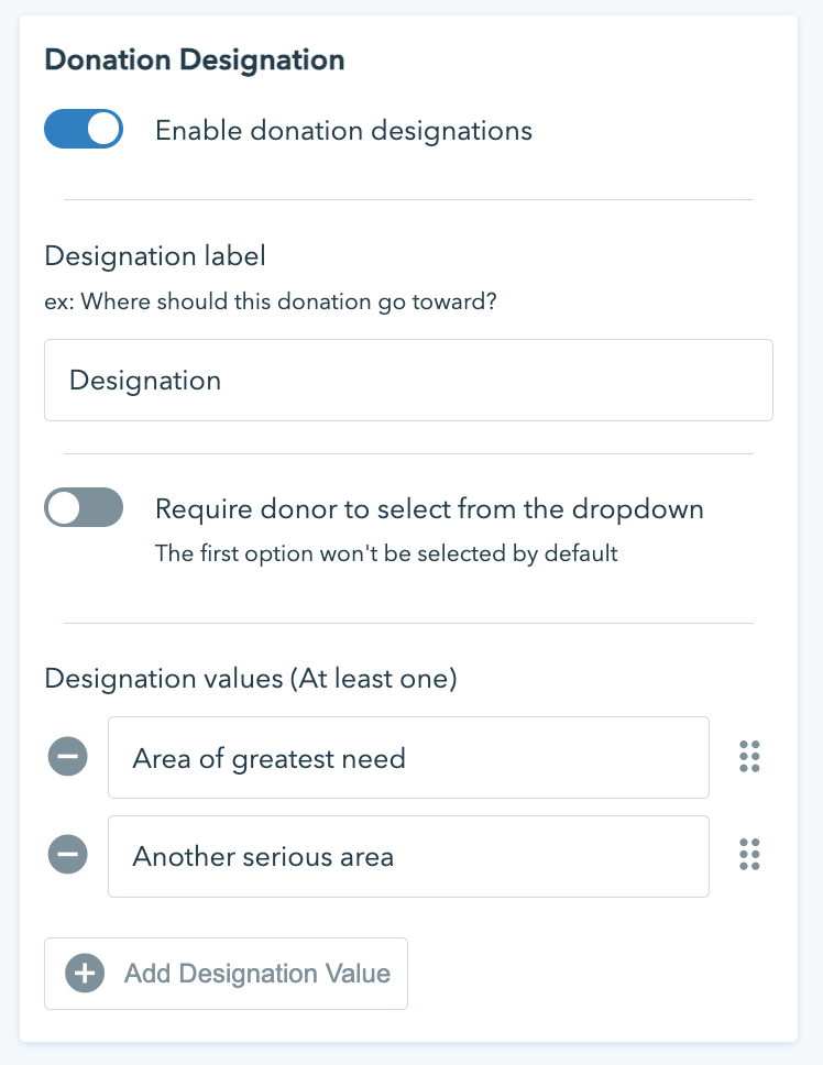 Screenshot of Donation Designation options in the Donorbox Form Editor
