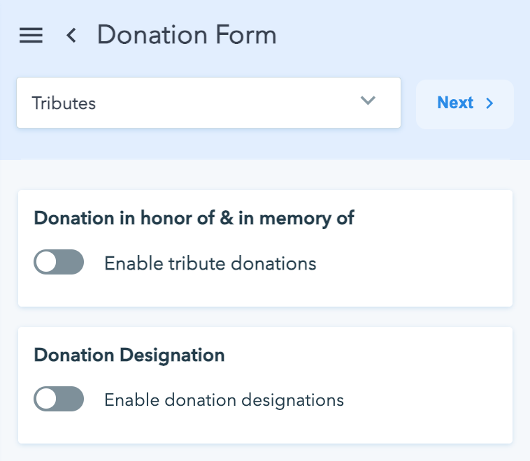 Donation Designations toggle in the Donorbox Donation Form Editor