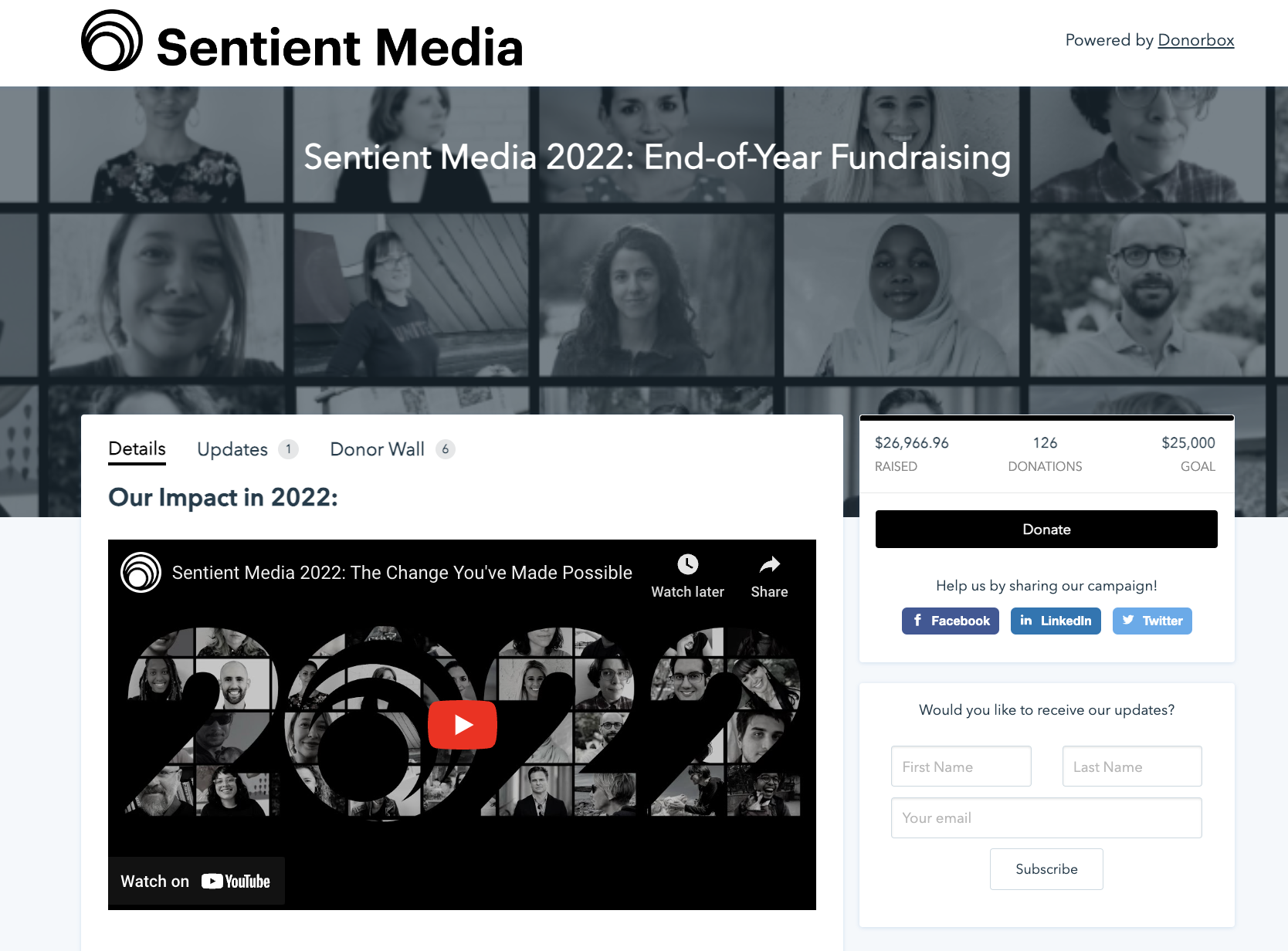Screenshot of nonprofit organization Sentient Media's 2022 end-of-year crowdfunding page.