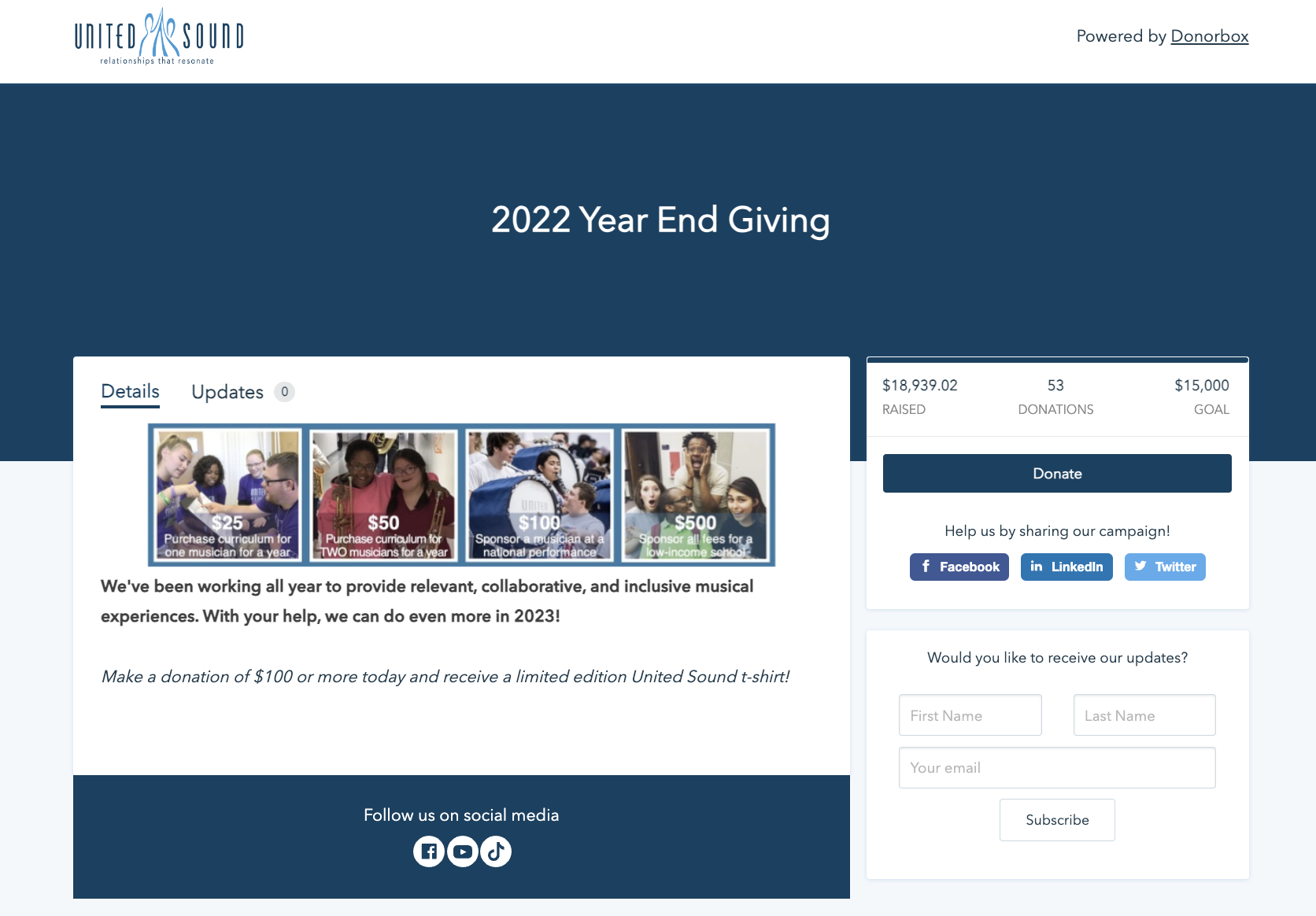 Nonprofit organization United Sound's Donorbox crowdfunding page from Giving Season 2022.