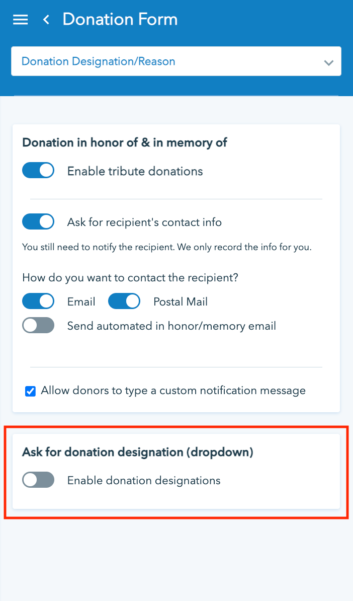 Donorbox donation designations