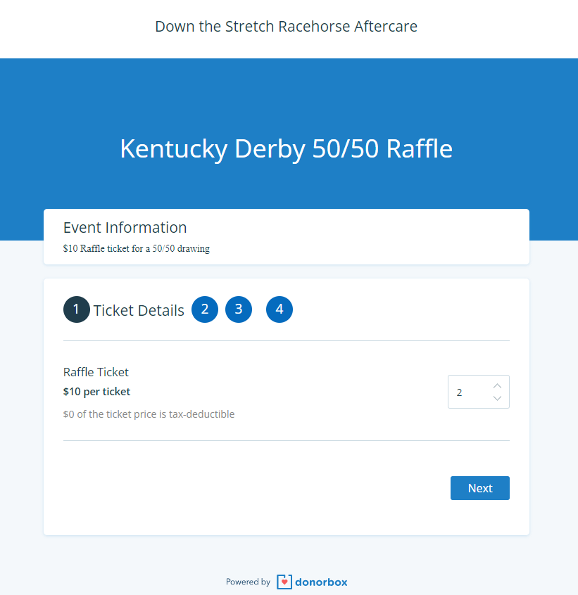 Screenshot showing an online ticketing form for a 50/50 raffle. 