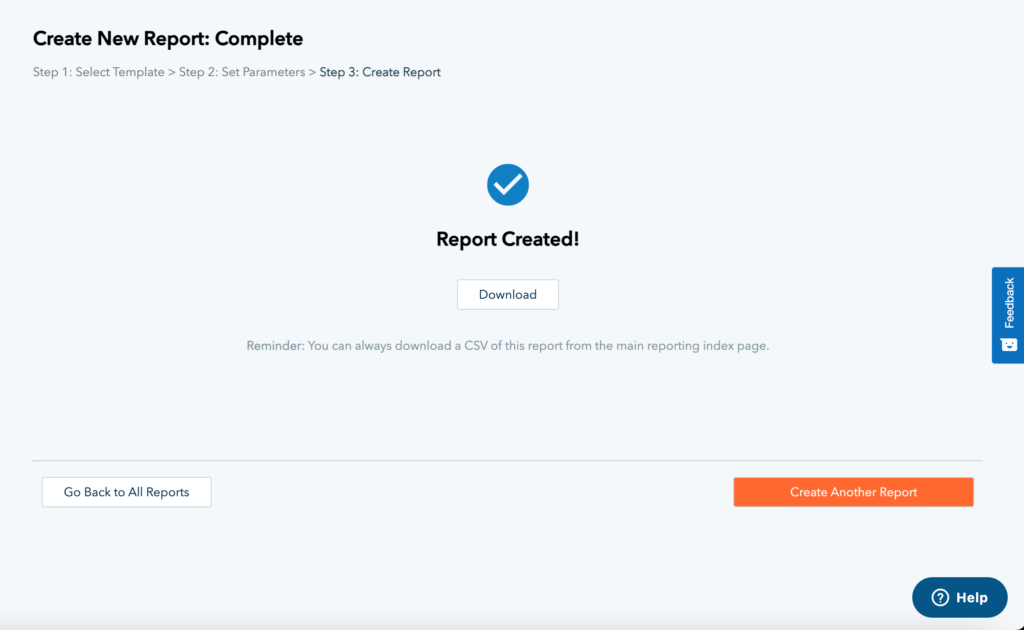 Image shows the page that appears after a report is generated by Donorbox Reporting templates. There is a 'Download' button as well as buttons for 'Go Back to All Reports' and 'Create Another Report.'