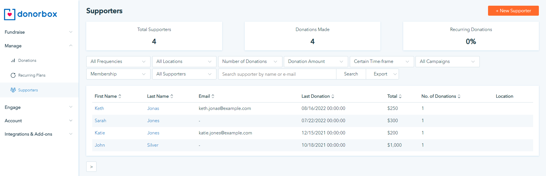 Screenshot showing Donorbox's donor management supporter database. 