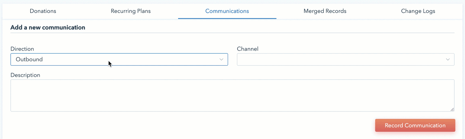 Animation showing how to enter communication records on a Donorbox supporter profile. 
