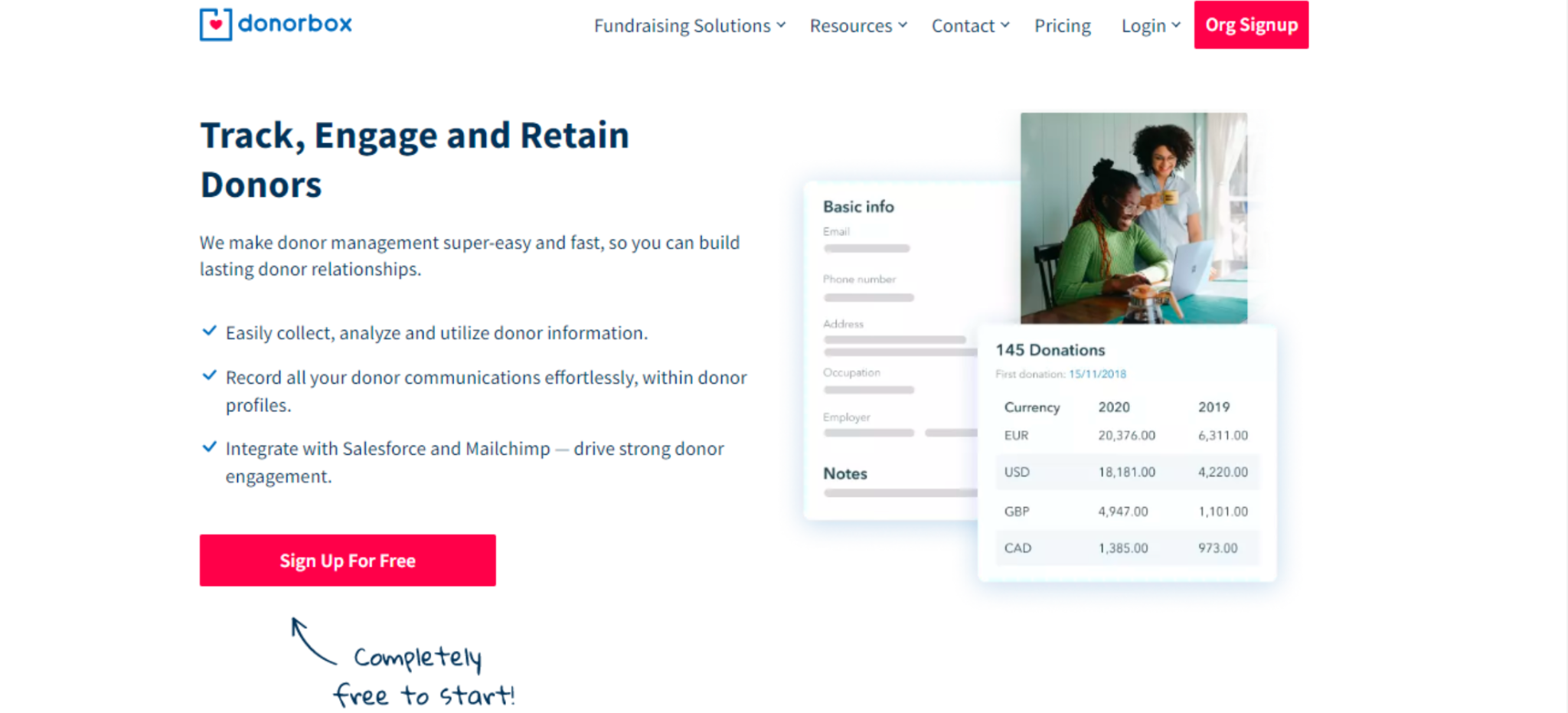 Screenshot of Donorbox's donor management landing page. 