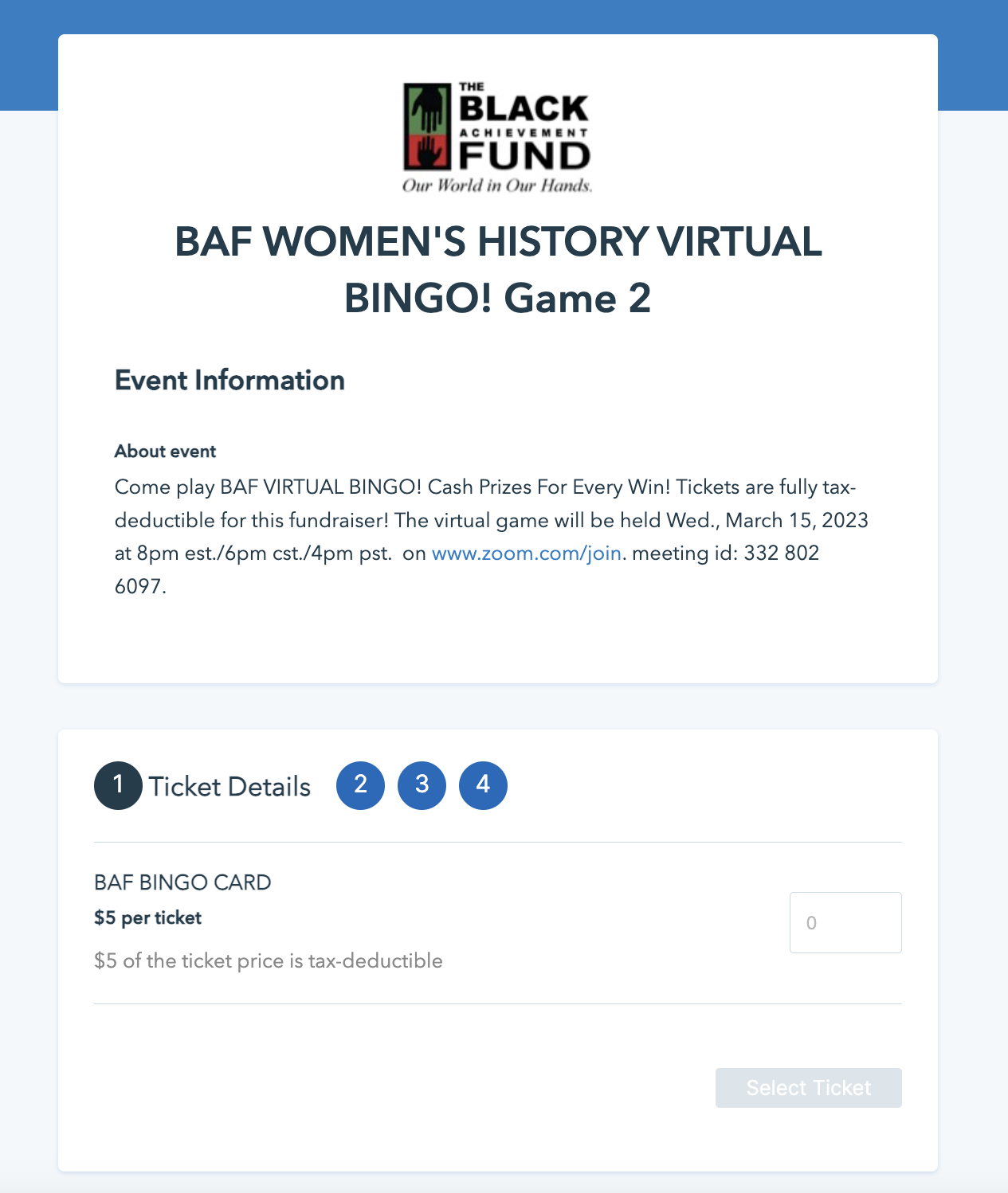 Example of an organization using Donorbox Events to sell bingo tickets. 