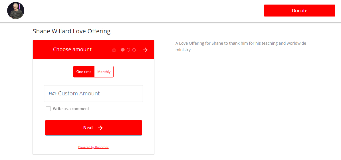 Screenshot of a church using a Donorbox donation form to collect Love Offerings. 
