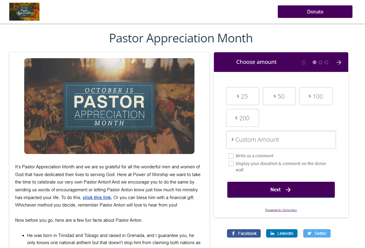 Image shows a church's Donorbox donation page where they are collecting contributions for Pastor Appreciation Month. 