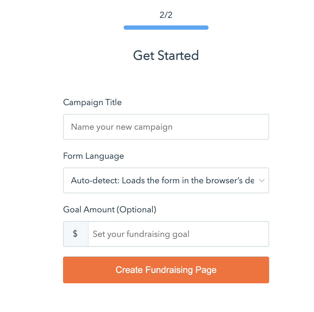Example of the second step in the 'Getting Started' process on Donorbox, found when building a fundraising page.