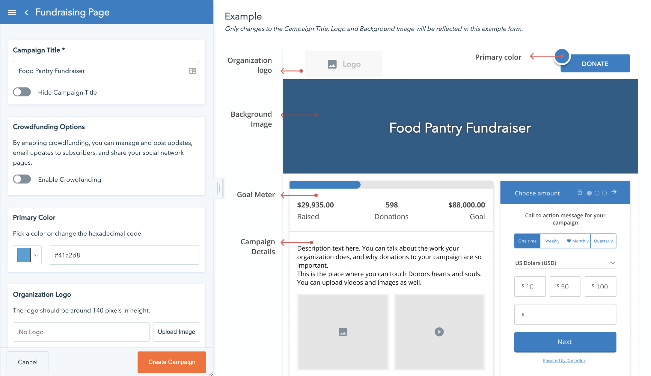 Example of the fundraising page editor in the Donorbox dashboard.