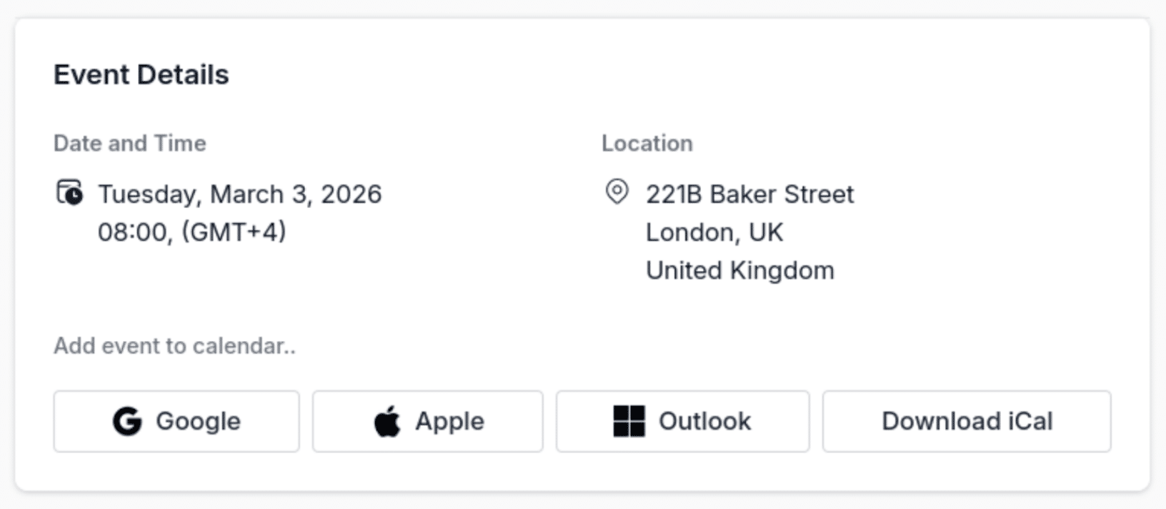Screenshot of the Add to Calendar feature available with Donorbox Events