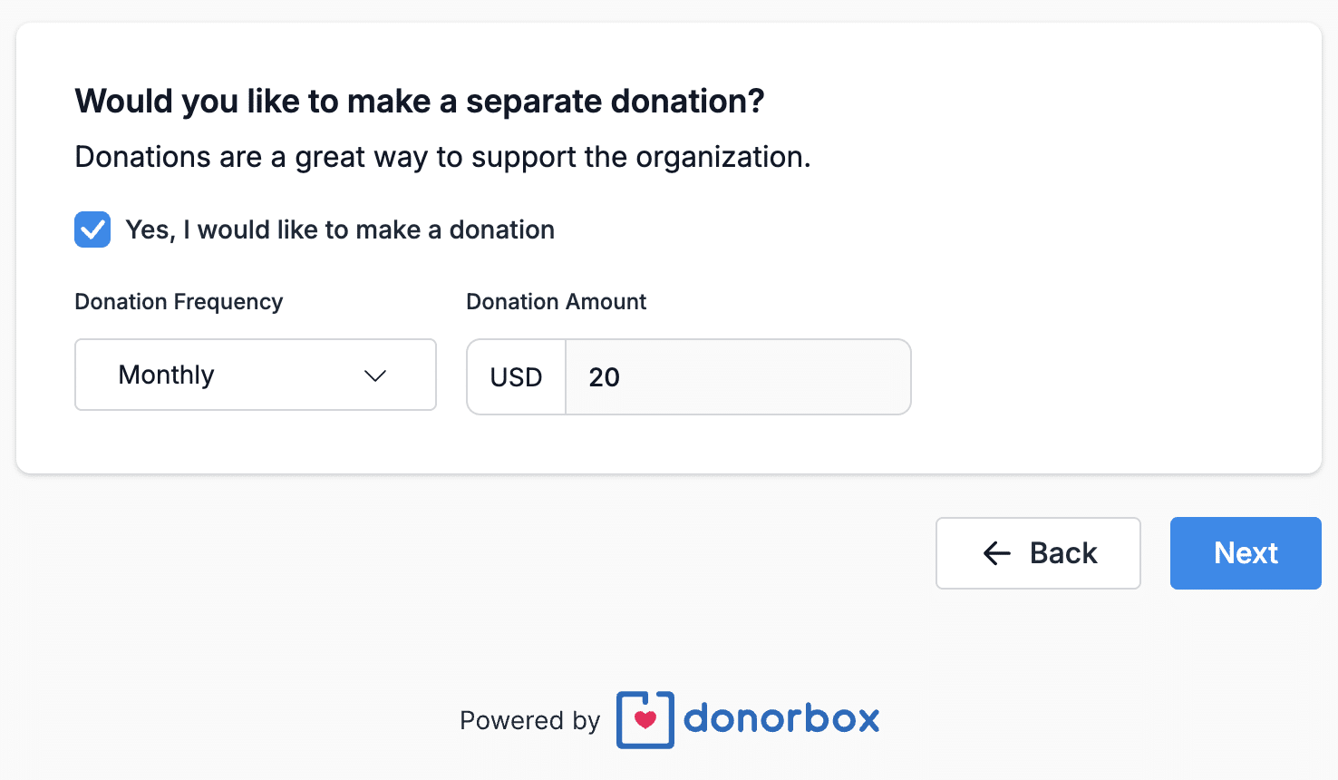 Screenshot showing the ability to accept additional donations on Donorbox Events forms