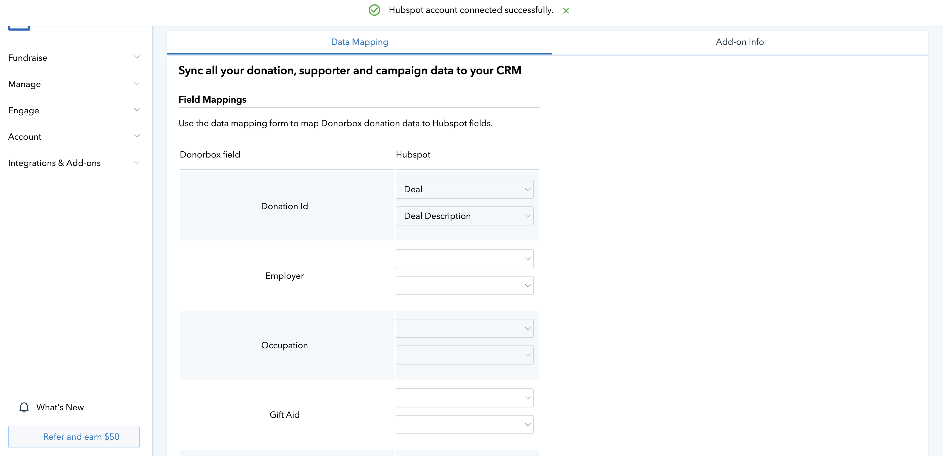 Screenshot of the HubSpot add-on page on the Donorbox dashboard, showing various customization options that are available after the add-on is activated and the integration is completed. 